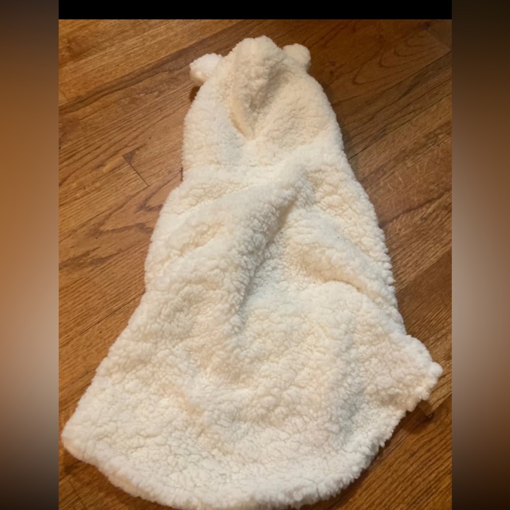 Fluffy white large dog sweater with teddy bear ears on hood